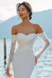 Ivory Mermaid Off The Shoulder Sweep Train Boho Wedding Dress with Sleeves
