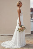 Ivory Spaghetti Straps A-Line Long Lace Appliqued Wedding Dress with Slit