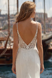 Ivory A-Line Spaghetti Straps Lace Appliqued Long Wedding Dress with Slit