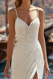 Ivory A-Line Spaghetti Straps Lace Appliqued Long Wedding Dress with Slit