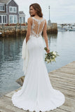 Ivory Mermaid Appliqued Satin Wedding Dress with Court Train