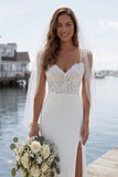 Mermaid Appliqued Ivory Spaghetti Straps Long Wedding Dress with Slit