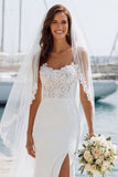 Ivory Spaghetti Straps Mermaid Appliqued Long Wedding Dress with Slit