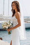 Ivory Spaghetti Straps Mermaid Appliqued Long Wedding Dress with Slit
