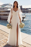 Ivory A Line Appliqued Pleated Tulle Long  Wedding Dress with Slit