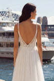 Ivory A Line Appliqued Pleated Tulle Long  Wedding Dress with Slit