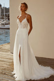 Ivory A Line Chiffon Lace Sweep Train Wedding Dress