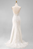 Ivory Mermaid Spaghetti Straps Lace Satin Sweep Train Wedding Dress