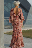 Dusty Rose Floral Ruched Sheath Mother of the Bride Dress with Long Sleeve
