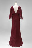 Lace Burgundy Sheath Mother of the Bride Dress with Long Sleeve