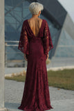 Lace Burgundy Sheath Mother of the Bride Dress with Long Sleeve