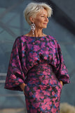 Fuchsia Flower Printed Sheath Ruched Mother of the Bride Dress with Flared Sleeves