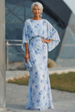 Blue Flower Bateau Neck Sheath Long Mother Of the Bride Dress with Half Sleeves