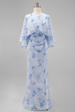 Blue Flower Bateau Neck Sheath Long Mother Of the Bride Dress with Half Sleeves
