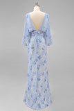 Blue Flower Bateau Neck Sheath Long Mother Of the Bride Dress with Half Sleeves