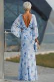 Blue Flower Bateau Neck Sheath Long Mother Of the Bride Dress with Half Sleeves