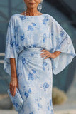 Blue Flower Bateau Neck Sheath Long Mother Of the Bride Dress with Half Sleeves