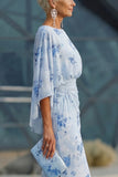 Blue Flower Bateau Neck Sheath Long Mother Of the Bride Dress with Half Sleeves