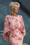 Blue Flower Bateau Neck Sheath Long Mother Of the Bride Dress with Half Sleeves