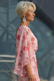 Blue Flower Bateau Neck Sheath Long Mother Of the Bride Dress with Half Sleeves