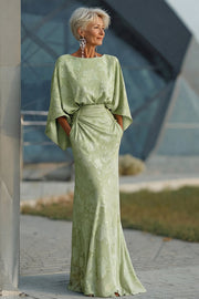 Sage Green Floral Sheath Flared Sleeves Long Mother of the Bride Dress
