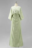 Sage Green Floral Sheath Flared Sleeves Long Mother of the Bride Dress