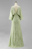 Sage Green Floral Sheath Flared Sleeves Long Mother of the Bride Dress