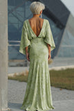 Sage Green Floral Sheath Flared Sleeves Long Mother of the Bride Dress