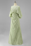 Sage Green Floral Sheath Flared Sleeves Long Mother of the Bride Dress