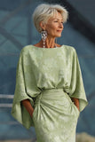 Sage Green Floral Sheath Flared Sleeves Long Mother of the Bride Dress