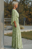 Sage Green Floral Sheath Flared Sleeves Long Mother of the Bride Dress