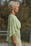 Sage Green Floral Sheath Flared Sleeves Long Mother of the Bride Dress
