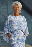 Blue Floral Sheath Mother of the Bride Dress with Flared Sleeves