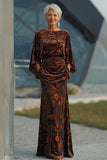 Brown Printed Sheath Ruched Mother of the Bride Dress with Flared Sleeves