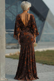 Brown Printed Sheath Ruched Mother of the Bride Dress with Flared Sleeves