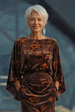 Brown Printed Sheath Ruched Mother of the Bride Dress with Flared Sleeves