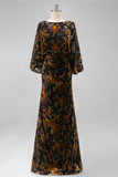 Brown Printed Sheath Ruched Mother of the Bride Dress with Flared Sleeves