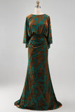 Dark Green Printed Sheath Ruched Mother of the Bride Dress with Flared Sleeves