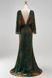 Dark Green Printed Sheath Ruched Mother of the Bride Dress with Flared Sleeves