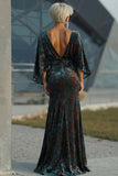 Dark Green Printed Sheath Ruched Mother of the Bride Dress with Flared Sleeves
