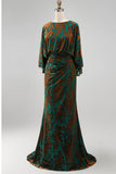 Dark Green Printed Sheath Ruched Mother of the Bride Dress with Flared Sleeves