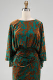 Dark Green Printed Sheath Ruched Mother of the Bride Dress with Flared Sleeves