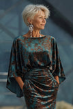 Dark Green Printed Sheath Ruched Mother of the Bride Dress with Flared Sleeves