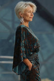 Dark Green Printed Sheath Ruched Mother of the Bride Dress with Flared Sleeves