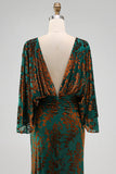 Dark Green Printed Sheath Ruched Mother of the Bride Dress with Flared Sleeves