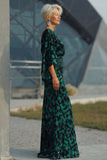 Peacock Blue Printed Sheath Mother of the Bride Dress with Flared Sleeves