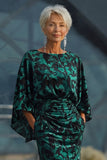 Peacock Blue Printed Sheath Mother of the Bride Dress with Flared Sleeves