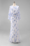Light Blue Printed Sheath Mother of the Bride Dress with Flared Sleeves