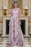 Lilac A Line Floral Half Sleeves Long Mother of the Bride Dress with Embroidery