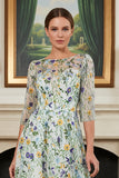 Green Flower A Line Embroidered 3/4 Sleeves Long Mother of the Bride Dress